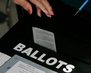 (Los Angeles)Precinct workers drop ballots into the ballot box at the PicoAliso Social Hall polli