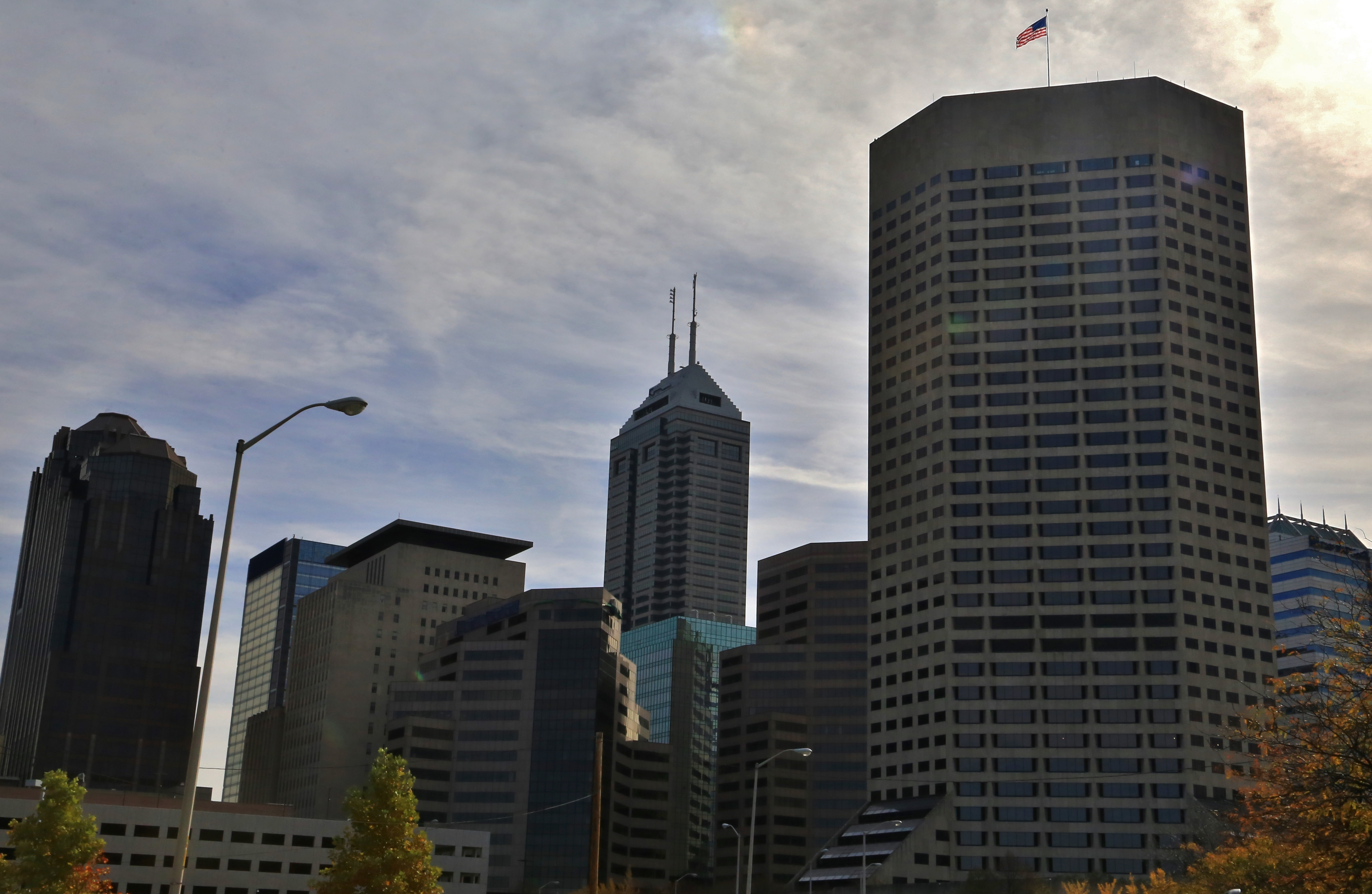Morning sun glare over the Indianapolis skyline
