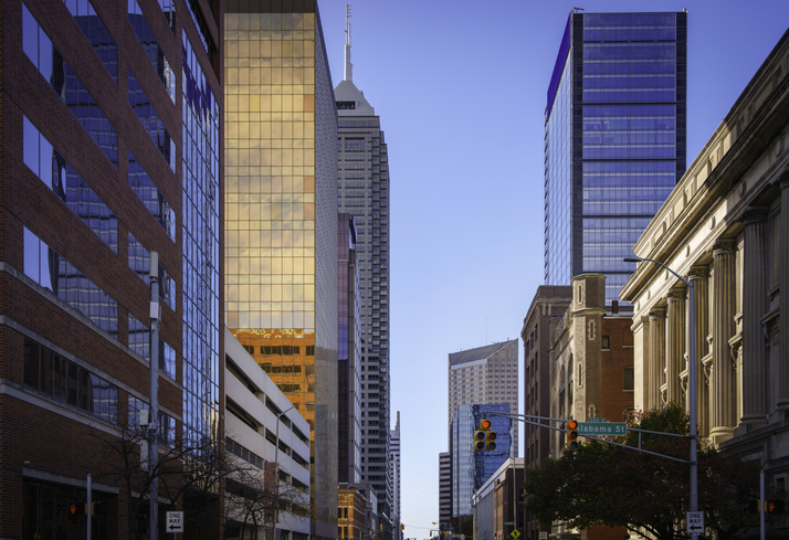 Indianapolis Downtown Skyline with Landmark Buildings and Modern Architecture in Indiana: A low angle street view